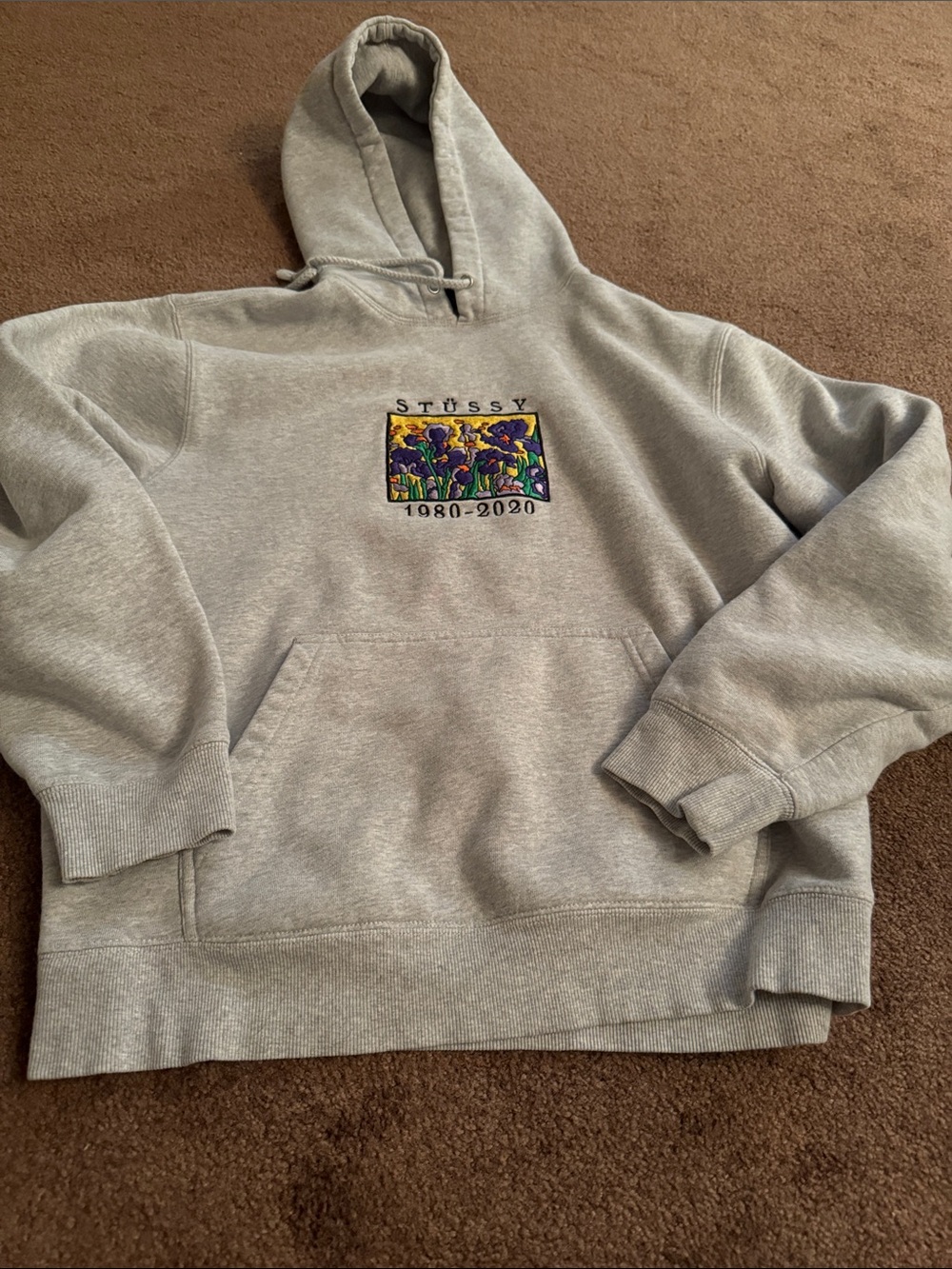 Stüssy Irises 40th Anniversary Hoodie Gray M Floral 1980-2020 Pullover